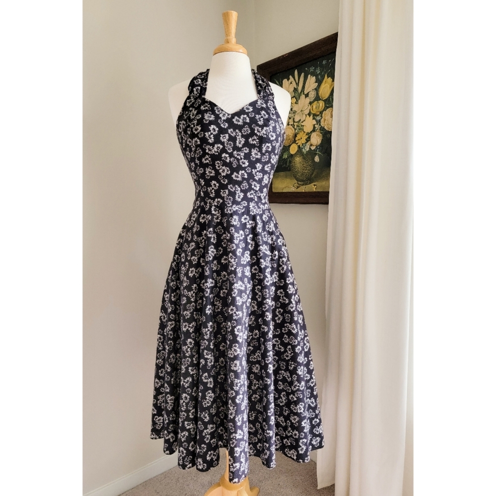 90s Black Floral Sweetheart Halter Open Back 1990 Vintage Fit & Flare Midi Dress - Picture 7 of 10